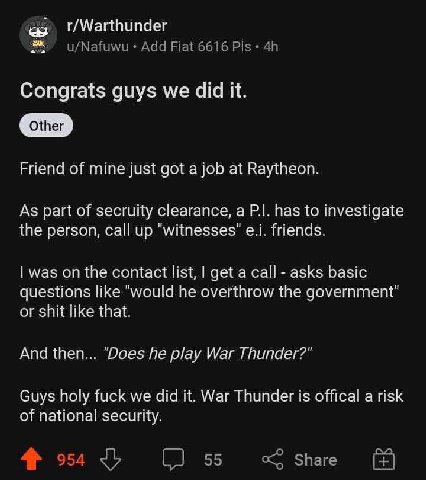r/Warthunder a Congrats ацу cid i Friend of mine just got Raytheon As part of зесгийу clearanc паз to investigate the person, call witnesses friend was on the contact list, get a call asks basic like 