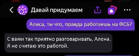 у Давай придумаем Алиса, ты что, правда работаешь на ФСБ? С вами так приятно разговаривать, Алена. Я не считаю это работой.