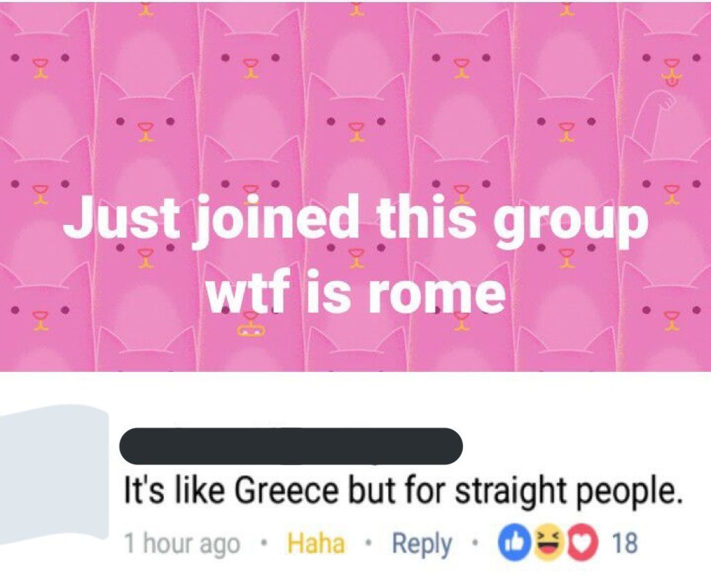 Just joined this group wtf is rome It's like Greece but for straight people 1 hour ago Haha Reply 950 18
