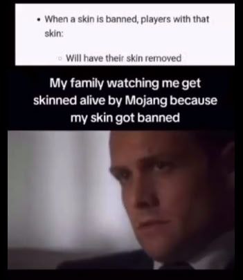 When а skin is banned, players with that skin: Will have their skin removed My family watching me get skinned alive Mojang because my skin got banned