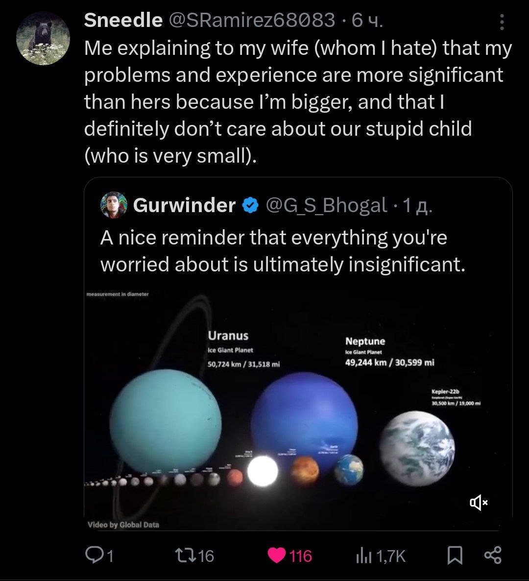 Sneedle Me explaining to my wife (whom hate) that my problems and experience are more significant than hers because bigger, and that definitely don’t care about our stupid child (who is very small). G