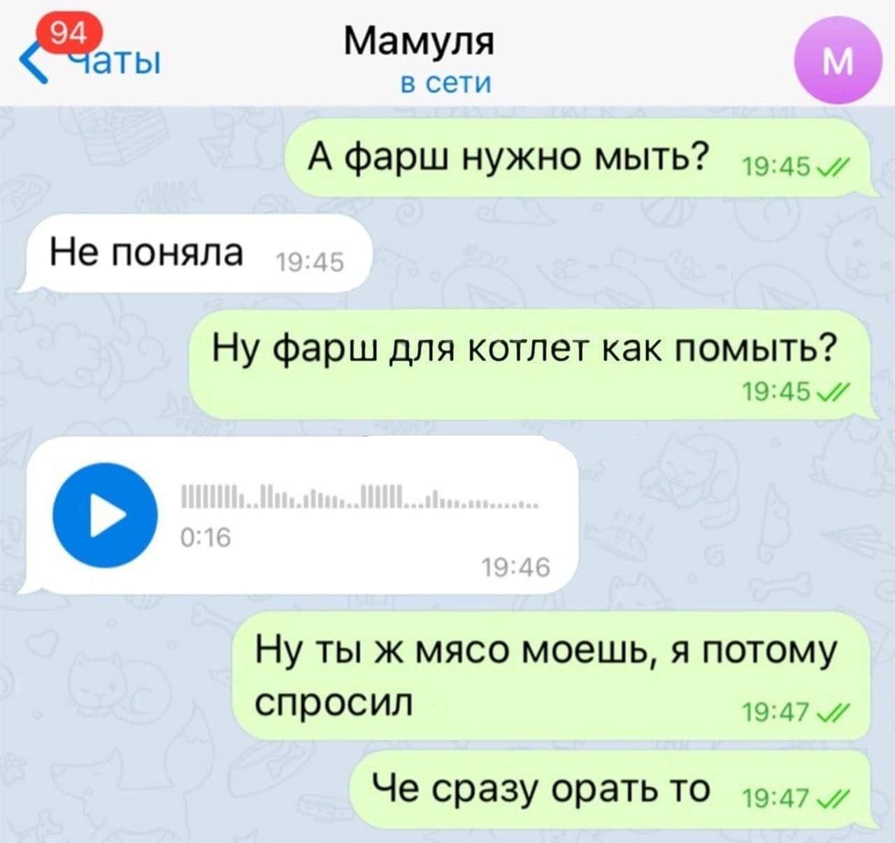 Мамуля в сети А фарш нужно мыть? Не поняла Ну фарш для котлет как помыть? 19:45 Ну ты ж мясо моешь, я потому спросил 19:47 Че сразу орать