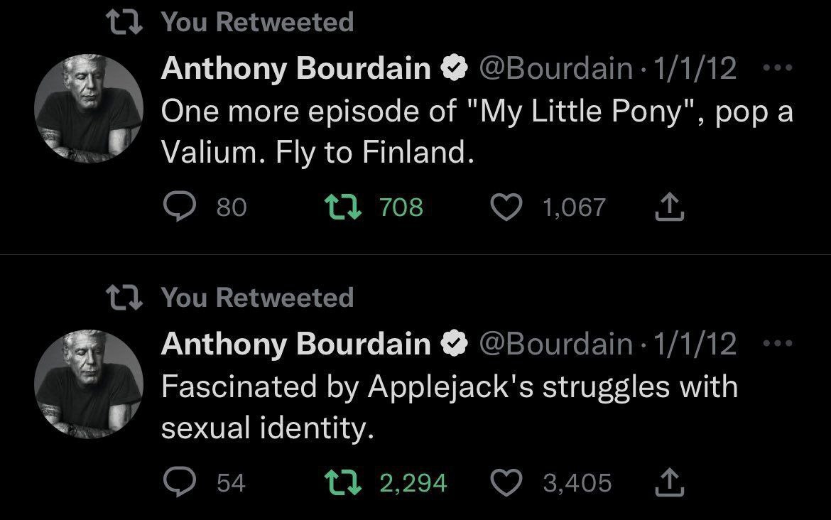 Anthony Bourdain One more episode of Little Pony", рора Fly to Finland. Anthony Bourdain Fascinated Applejack's struggles with sexual identity.