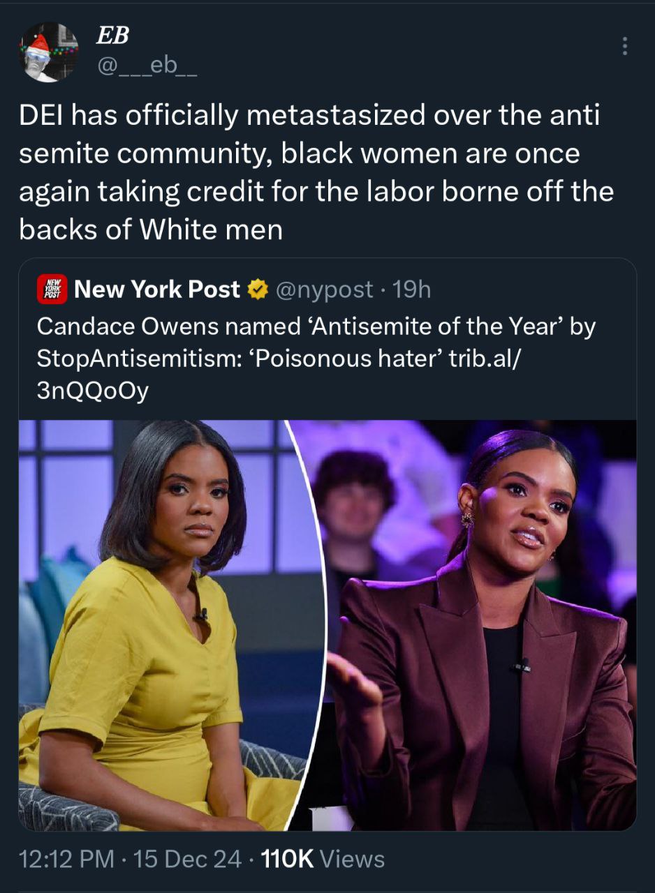 DEI has officially metastasized over the anti semite community, black women are once again taking credit for the labor borne off the backs of White men New York Post Candace Owens named ‘Antisemite of