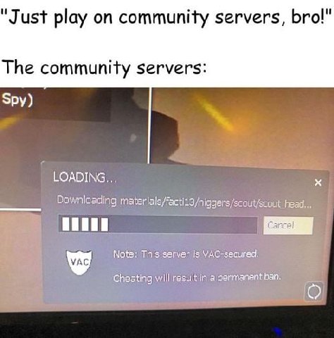 "Just play on community servers, bro!" The community servers: Spy) Downloading materlals/facti13/niggers/scout/scout_head... vac] Note: This server is Cheating will result in ban.