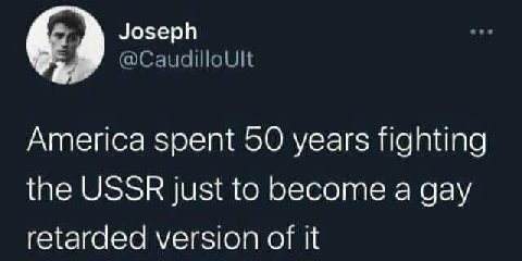 Joseph @CaudilloUlt America spent 50 years fighting the USSR just to become a gay retarded version of it