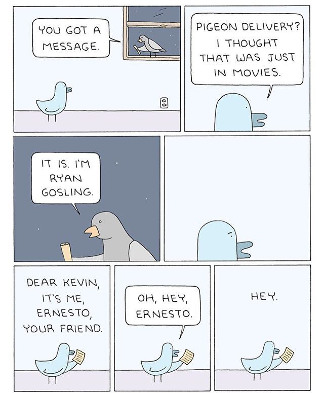 PIGEON DELIVERY? THOUGHT THAT WAS JUST IN MOVIES. a IS. RYAN GOSLING. DEAR KEVIN, HEY, НЕХ. ITS ME, ERNESTO, ERNESTO. YOUR FRIEND.