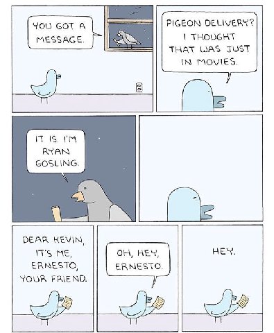 PIGEON DELIVERY? THOUGHT THAT WAS JUST IN MOVIES. a IS. RYAN GOSLING. DEAR KEVIN, HEY, НЕХ. ITS ME, ERNESTO, ERNESTO. YOUR FRIEND.