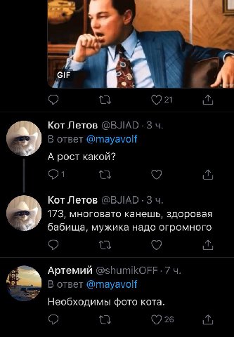 (7 21 Кот Летов @BJIAD-3 В ответ @mayavolf А рост какой? Кот Летов @BJIAD:3 173, многовато канешь, здоровая бабища, мужика надо огромного as Артемий @shumikOFF 7 of В ответ @mayavolf Необходимы фото к