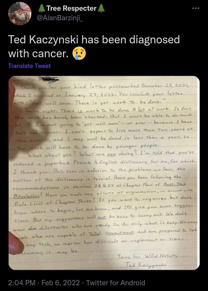 Ted Kaczynski has been reportedly diagnosed with terminal cancer