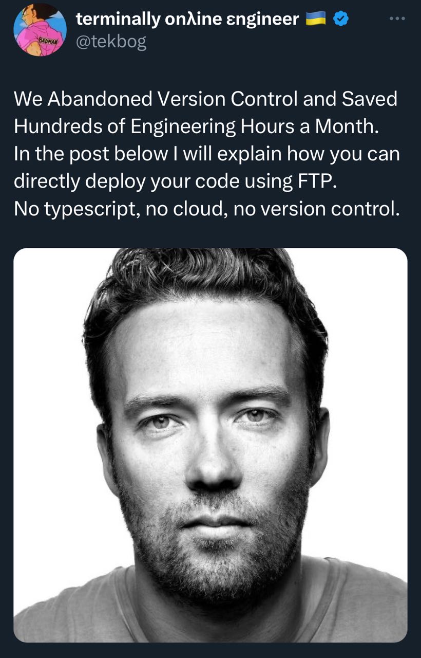 terminally onAine engineer @tekbog We Abandoned Version Control and Saved Hundreds of Engineering Hours a Month. In the post below will explain how you can directly deploy your code using FTP. No type