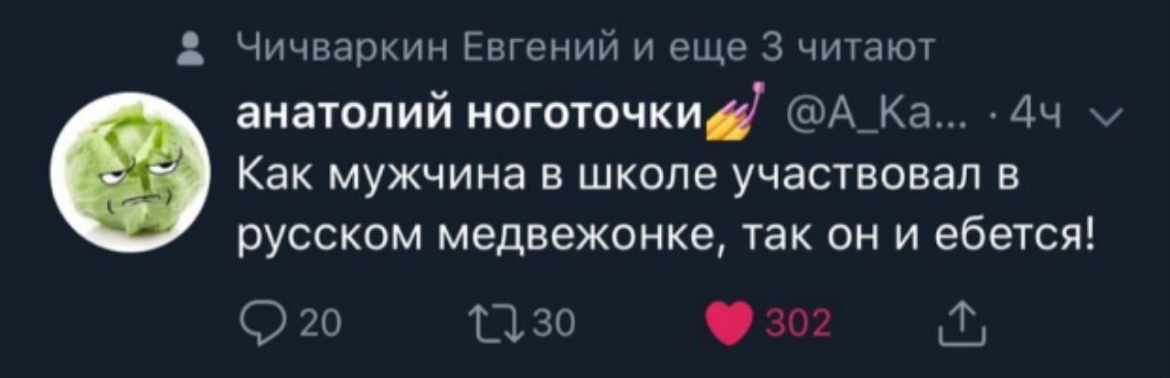 Чичваркин Евгении и еще 3 читают анатолий @А_Ка... Как мужчина в школе участвовал в русском медвежонке, так они ебется! 4 20