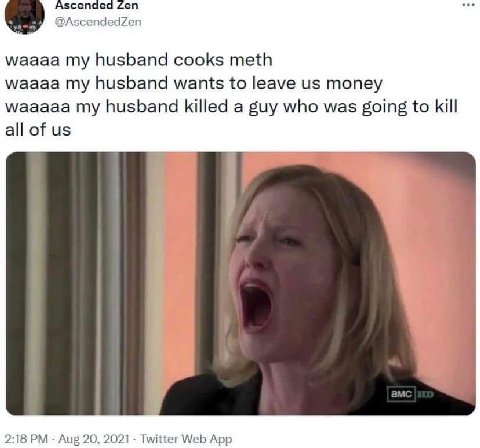 Ascended Zen @AscendedZen waaaa my husband cooks meth waaaa my husband wants to leave money waaaaa my husband killed a guy who was going to kill all of 2:18 Aug 20, 2021 Twitter Web App