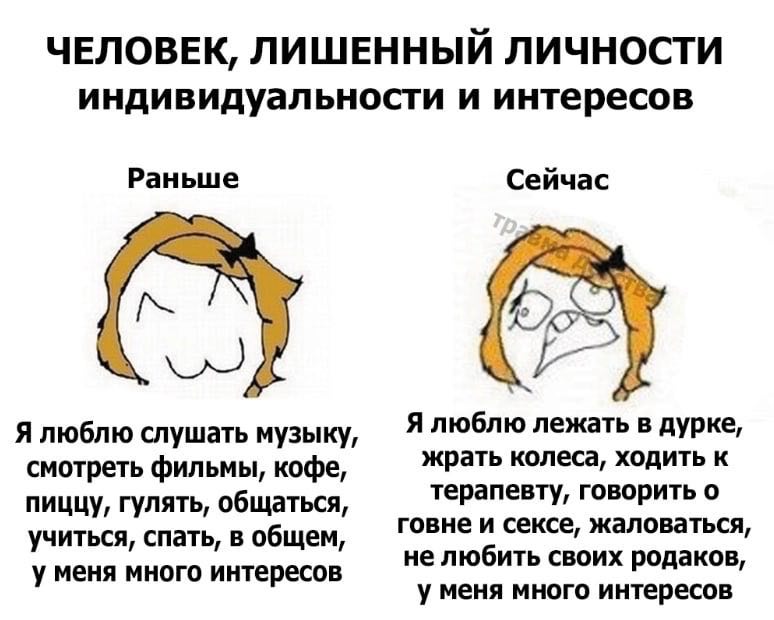 ЧЕЛОВЕК, ЛИШЕННЫЙ ЛИЧНОСТИ индивидуальности и интересов Раньше Сейчас Я люблю слушать музыку, Я люблю лежать в дурке, смотреть фильмы, кофе, жрать колеса, ходить к терапевту, говорить о пиццу, гулять,
