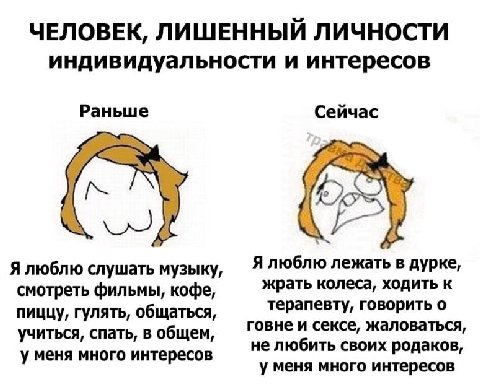 ЧЕЛОВЕК, ЛИШЕННЫЙ ЛИЧНОСТИ индивидуальности и интересов Раньше Сейчас Я люблю слушать музыку, Я люблю лежать в дурке, смотреть фильмы, кофе, жрать колеса, ходить к терапевту, говорить о пиццу, гулять,