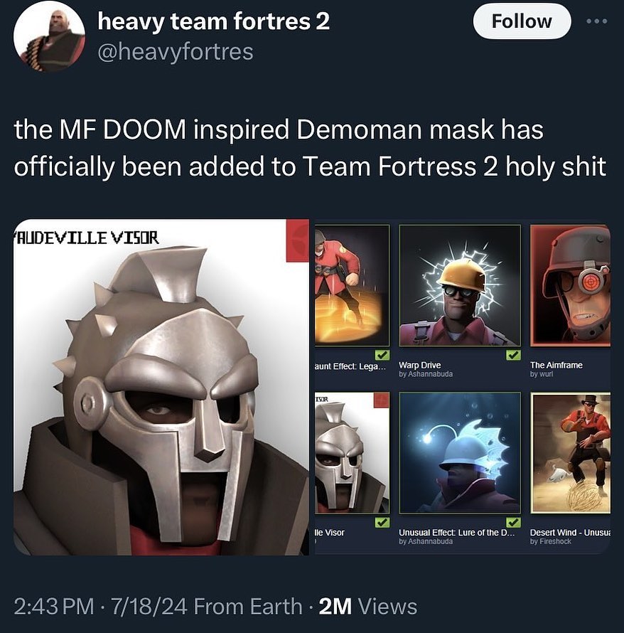 heavy team fortres 2 @heavyfortres the DOOM inspired Demoman mask has officially been added to Team Fortress 2 holy shit AUDEVILLE VISOR aunt Effect: Lega... lle Visor Unusual Effect: Lure of the Dese