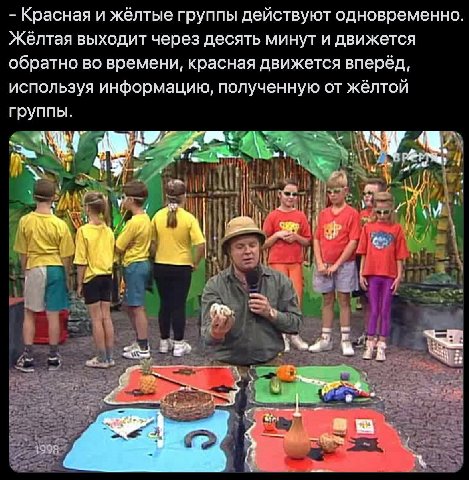 Красная и жёлтые группы действуют одновременно. Жёлтая выходит через десять минут и движется обратно во времени, красная движется вперёд, используя информацию, полученную от жёлтой группы. SON А, 7 1 