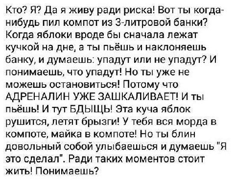 Кто? Я? Да я живу ради риска! Вот ты когда- нибудь пил компот из 3-литровой банки? Когда яблоки вроде бы сначала лежат кучкой на дне, а ты пьёшь и наклоняешь банку, и думаешь: упадут или не упадут? И 