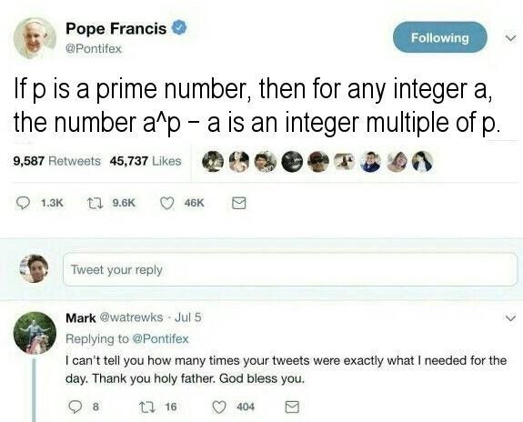Pope Francis @Pontifex If is a prime number, then for any integer a, the number а is an integer multiple of 9,587 Retweets 45,737 SON 1} 96к [5 Tweet your reply Mark @watrewks Jul 5 Replying to @Ponti