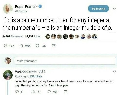 Pope Francis @Pontifex If is a prime number, then for any integer a, the number а is an integer multiple of 9,587 Retweets 45,737 SON 1} 96к [5 Tweet your reply Mark @watrewks Jul 5 Replying to @Ponti
