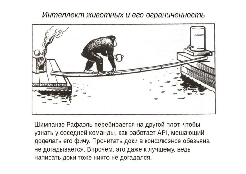Интеллект животных и его ограниченность И 6 unl Шимпанзе Рафаэль перебирается на другой плот, чтобы узнать у соседней команды, как работает мешающий доделать его фичу. Прочитать доки в конфлюэнсе обез