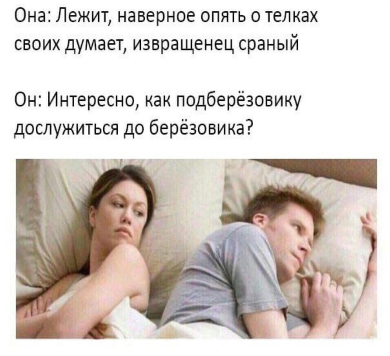 Она: Лежит, наверное опять о телках своих думает, извращенец сраный Он: Интересно, как подберёзовику дослужиться до берёзовика?