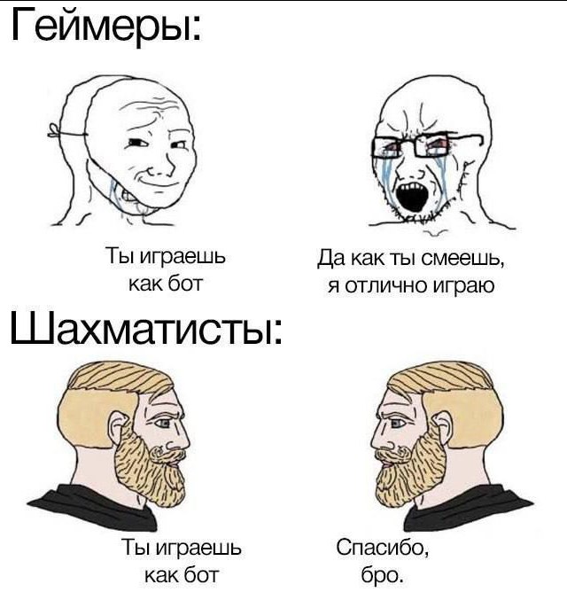 Геймеры: «i. Ты играешь Да как ты смеешь как бот я отлично играю Шахматисты Ты играешь Спасибо, как бот бро.