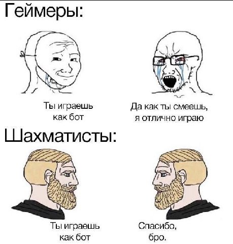Геймеры: «i. Ты играешь Да как ты смеешь как бот я отлично играю Шахматисты Ты играешь Спасибо, как бот бро.