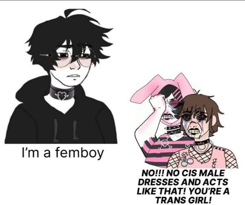 <3 a femboy NO!!! NO CIS MALE DRESSES AND ACTS LIKE THAT! YOU'RE А TRANS GIRL!