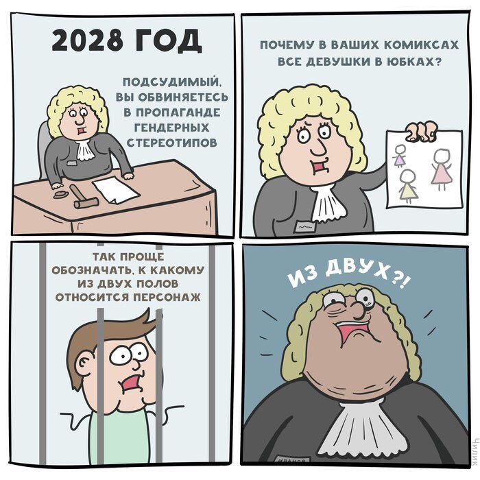 ПОЧЕМУ В ВАШИХ КОМИКСАХ 2028 ГОД ВСЕ ДЕВУШКИ В ЮБКАХ? ПОДСУДИМЫЙ, ВЫ ОБВИНЯЕТЕСЬ В ПРОПАГАНДЕ ГЕНДЕРНЫХ СТЕРЕОТИПОВ ТАК ПРОЩЕ ОБОЗНАЧАТЬ, К КАКОМУ ОТНОСИТСЯ ПЕРСОНАЖ ИЗ ДВУХ ПОЛОВ
