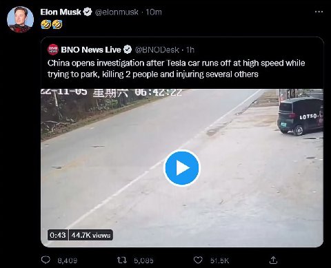 Elon Musk @elonmusk 5% ВМО News Live @BNODesk China opens investigation after Tesla car runs off at high speed while trying to park, killing 2 people and injuring several others 8,409 13 5,085 51.5К