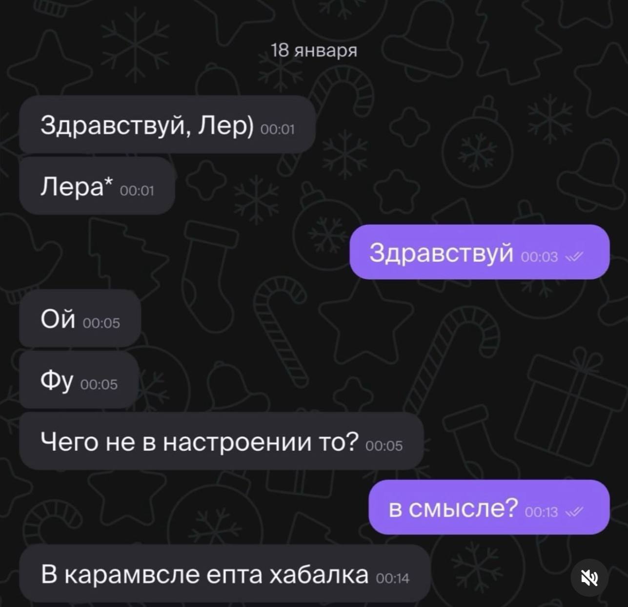 18 января Здравствуй, Лер) Лера* Здравствуй On Чего не в настроении TO? в смысле? сов В карамвсле епта хабалка