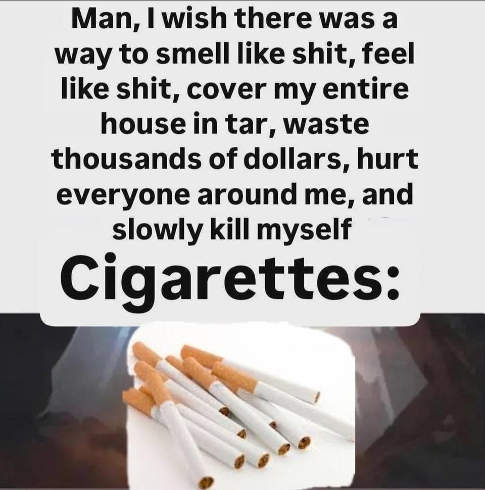 Man, wish there was а way to smell like shit, feel like shit, cover my entire house in tar, waste thousands of dollars, hurt everyone around me, and slowly kill myself Cigarettes:
