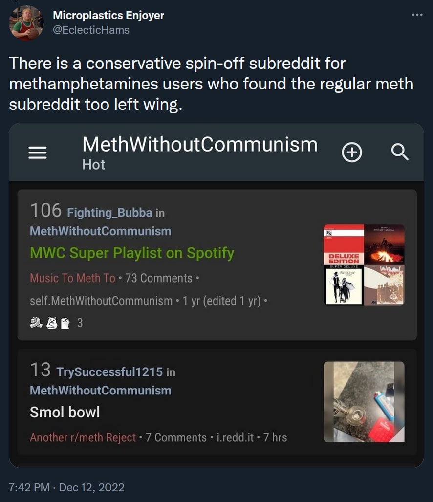 Microplastics Enjoyer There is a conservative spin-off subreddit for methamphetamines users who found the regular meth subreddit too left wing. MethWithoutCommunism о a 7. У Smol bowl