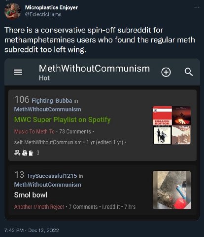 Microplastics Enjoyer There is a conservative spin-off subreddit for methamphetamines users who found the regular meth subreddit too left wing. MethWithoutCommunism о a 7. У Smol bowl