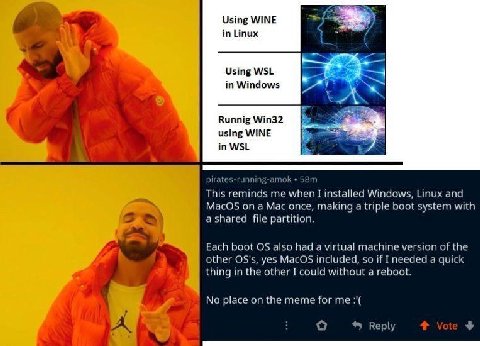 Using WINE in Linux Using WSL in Windows Runnig Win32 using WINE in WSL runn у К pirat This reminds me when I installed Windows, Linux and MacOS on a Mac once, making a triple boot system with a share