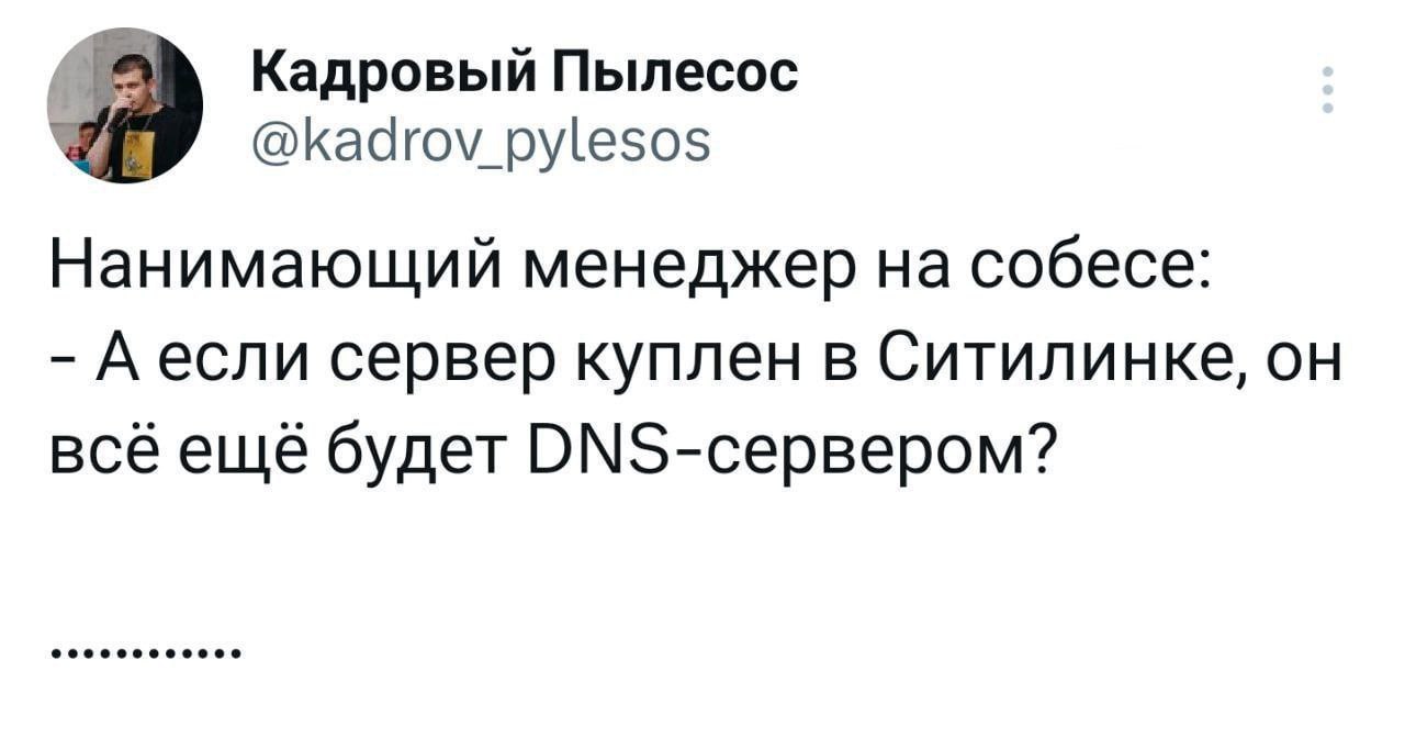 Кадровый Пылесос ру!е50$ Нанимающий менеджер на собесе: Аесли сервер куплен в Ситилинке, он всё ещё будет DNS-cepBepom?