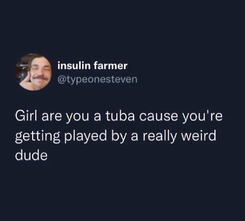insulin farmer @typeonesteven Girl are you a tuba cause you're setting played a really weird dude