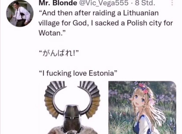 Blonde @Vic 8 std. “And then after raiding a Lithuanian village for God, sacked a Polish city for Wotan.” fucking love Estonia” if