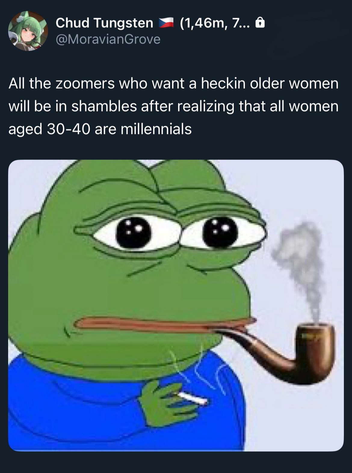 Chud Tungsten 7... @MoravianGrove All the zoomers who want a heckin older women will be in shambles after realizing that all women aged 30-40 are millennials