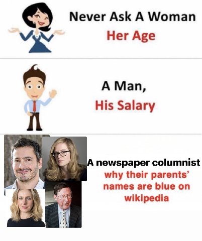 Never Ask A Woman Her Age А Man, i His Salary и newspaper columnist why their parents’ names are blue on wikipedia A
