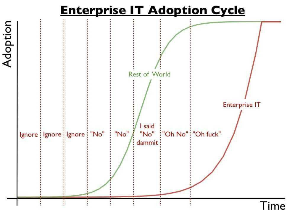 Enterprise iT Adoption Cycle Rest of World Enterprise IT said fuck" Ignore Ignore dammit я Time