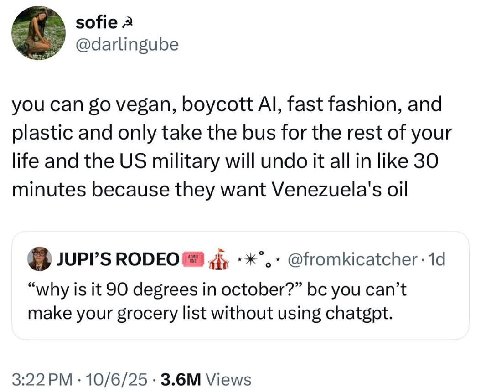 sofie 2 @darlingube you Can vegan, boycott fast fashion, and plastic and only take the bus for the rest of your life and the military will undo it all in like 30 minutes because they want Venezuela's 