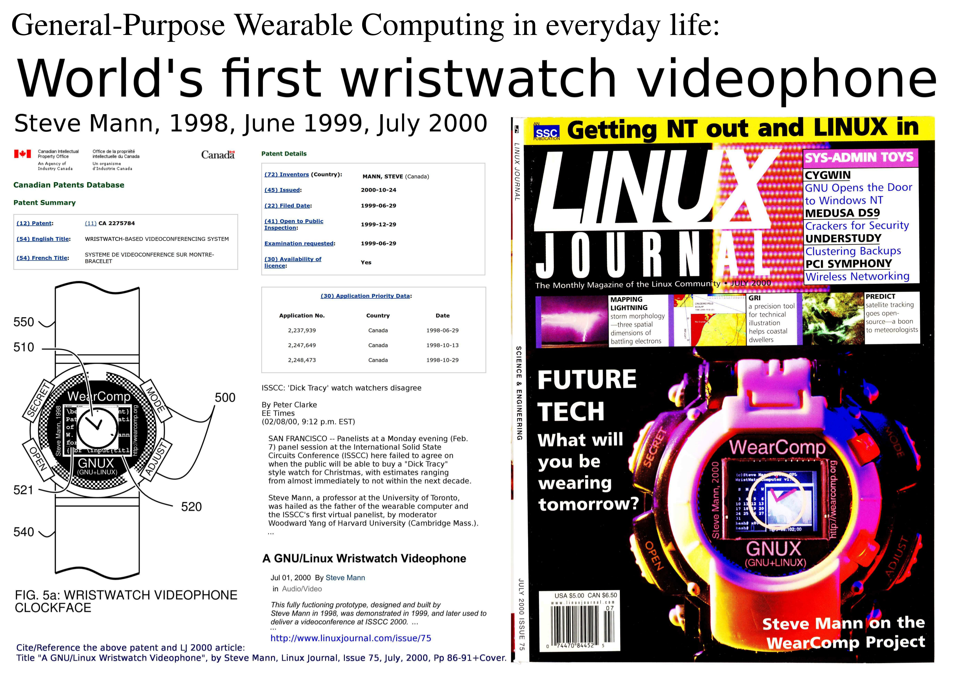 General-Purpose Wearable Computing in everyday life: World's first wristwatch videophone Steve Mann, 1998, June 1999, July 2000 LINUX in Canadian Intellectual Office propriété Patent Details Getting o