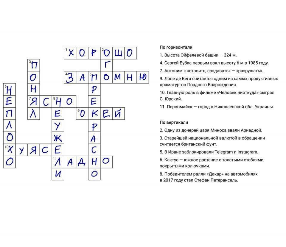 По горизонтали 1. Высота Эйфелевой башни 324 ХОР 4. Сергей Бубка первым взял высоту 6 1985 году. 7. Антоним к «строить, создавать» «разрушать». 9. Лопе Вега считается одним из самых продуктивных ЗАП д