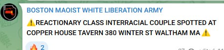 BOSTON MAOIST WHITE LIBERATION ARMY REACTIONARY CLASS INTERRACIAL COUPLE SPOTTED COPPER HOUSE TAVERN 380 WINTER WALTHAM A 2