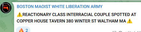 BOSTON MAOIST WHITE LIBERATION ARMY REACTIONARY CLASS INTERRACIAL COUPLE SPOTTED COPPER HOUSE TAVERN 380 WINTER WALTHAM A 2
