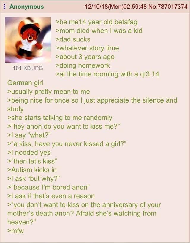 Anonymous 12/10/18(Mon)02:59:48 No.787017374 >be me14 year old betafag >mom died when was a kid >dad sucks >whatever story time >about 3 years ago 101 JPG >doing homework >at the time rooming with a G