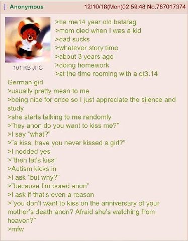Anonymous 12/10/18(Mon)02:59:48 No.787017374 >be me14 year old betafag >mom died when was a kid >dad sucks >whatever story time >about 3 years ago 101 JPG >doing homework >at the time rooming with a G