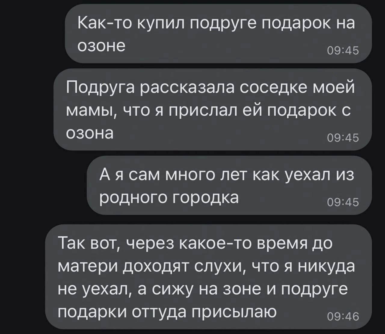 Как-то купил подруге подарок на озоне Подруга рассказала соседке моей мамы, что я прислал подарок с озона А я сам много лет как уехал из родного городка Так вот, через какое-то время до матери доходят